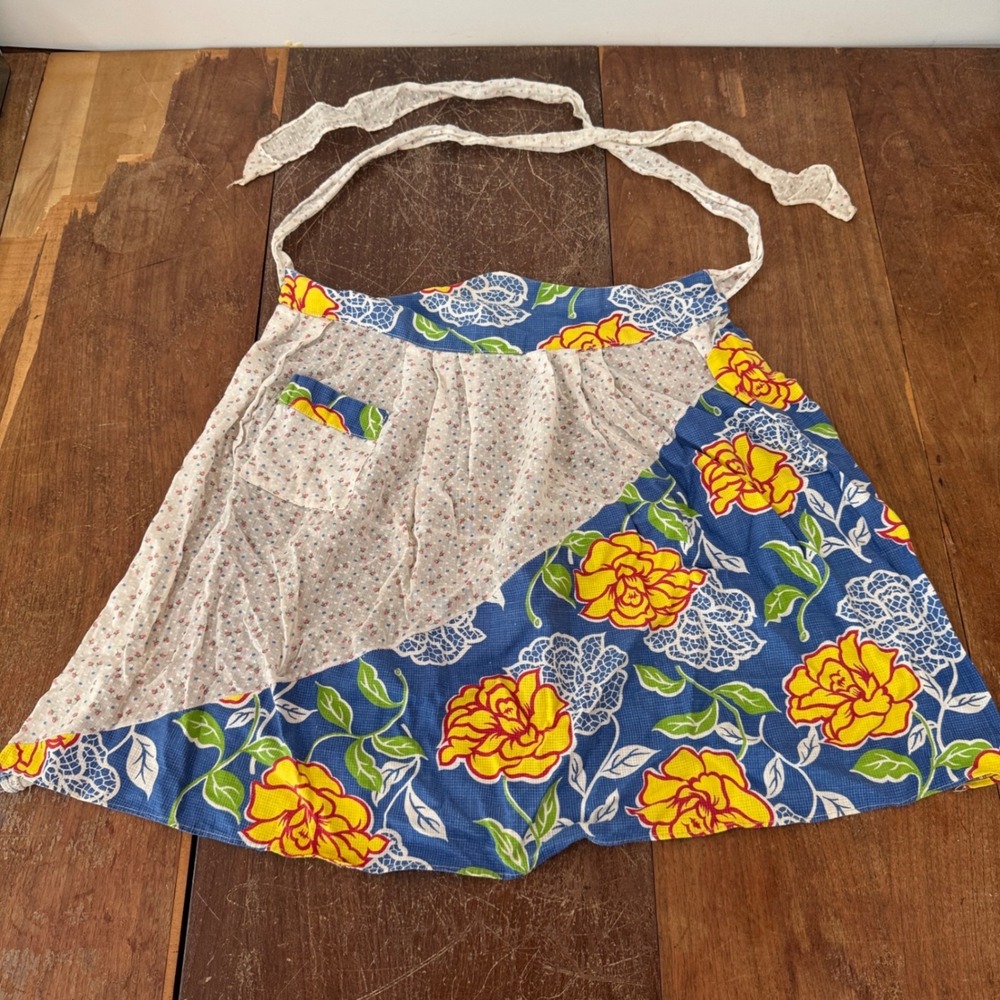 Vintage Micro Floral Sheer Half Apron Blue Yellow Rose Cottagecore Farmhouse